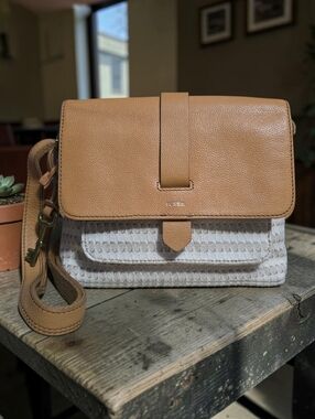 Fossil Kinley Tan and Cream Textured Cotton Small Crossbody/Shoulder Bag
